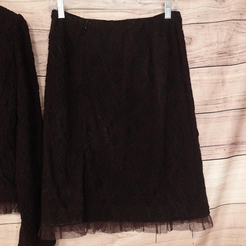 Rickie Freeman Teri Jon Skirt Suit Womens 8 Brown Lace 2 Piece Ruffle Trim - Picture 8 of 13